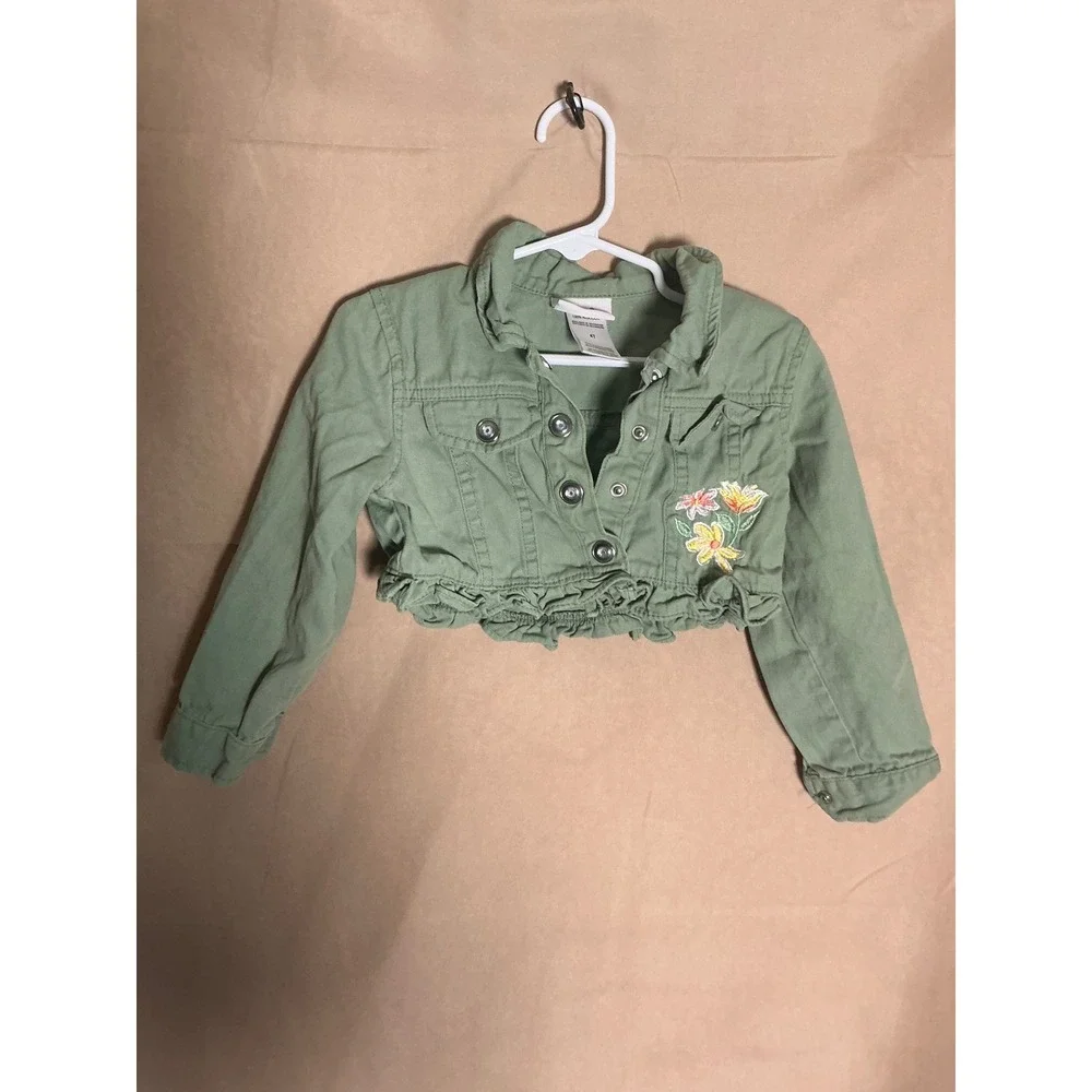 Little Lass Cropped Jacket Girls 4T Green Excellent Floral Ruffle Snap Bolero